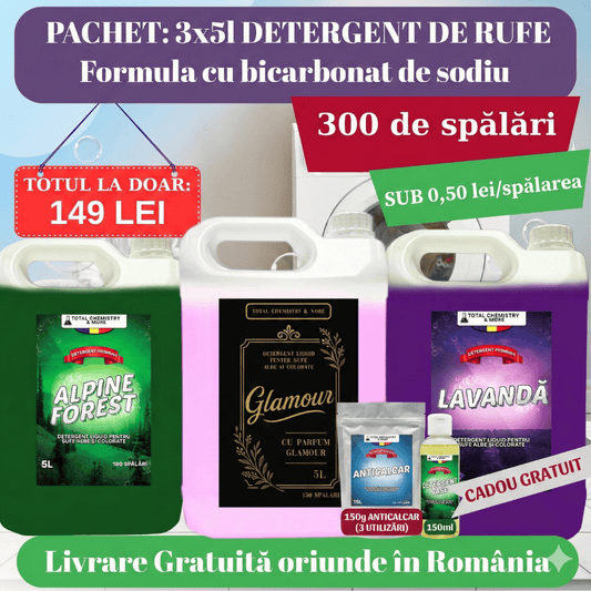 Pachet Promoțional XXL: 15L Detergent Rufe (3x5L) + CADOURI + Transport Gratuit