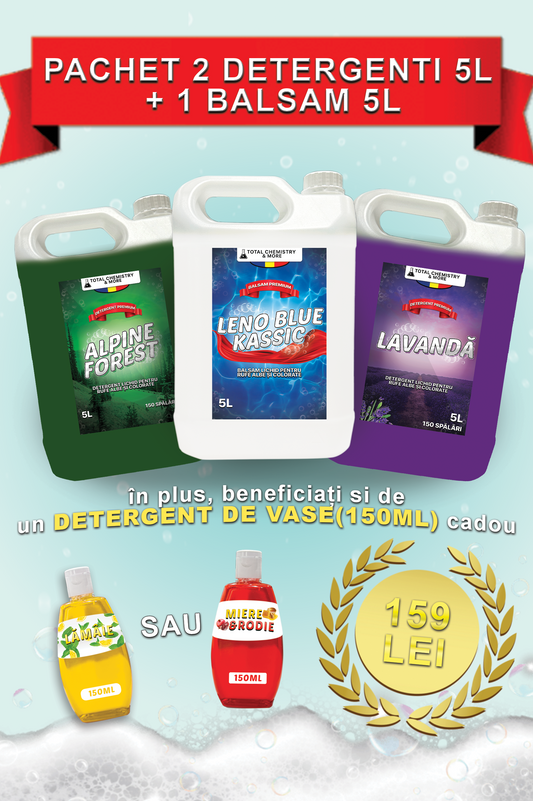 Pachet DETERGENTI (2x5L) + BALSAM (1x5L) + DETERGENT DE VASE (150ml) *CADOU*